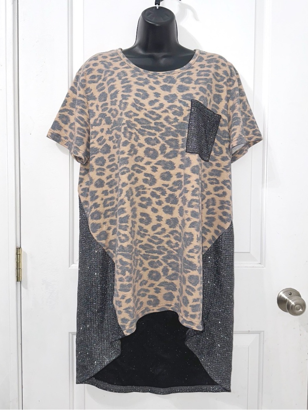 Crazy Train leopard print hi-low tunic shirt featuring contrasting gray metallic